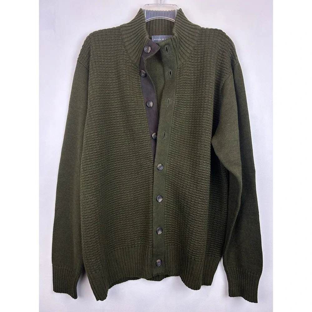 Oscar De La Renta Cardigan Sweater Mens L Button Front Green Academia Preppy